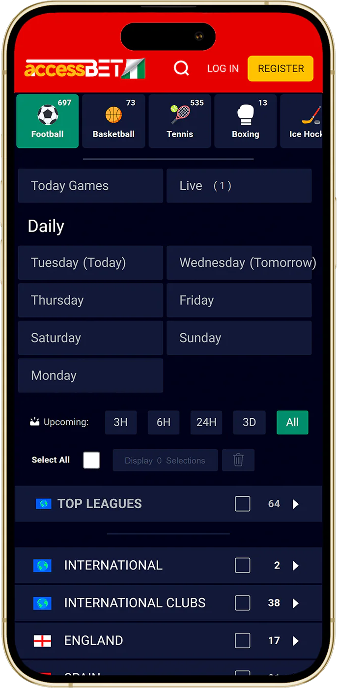 Betting on sports in the AccessBet mobile app